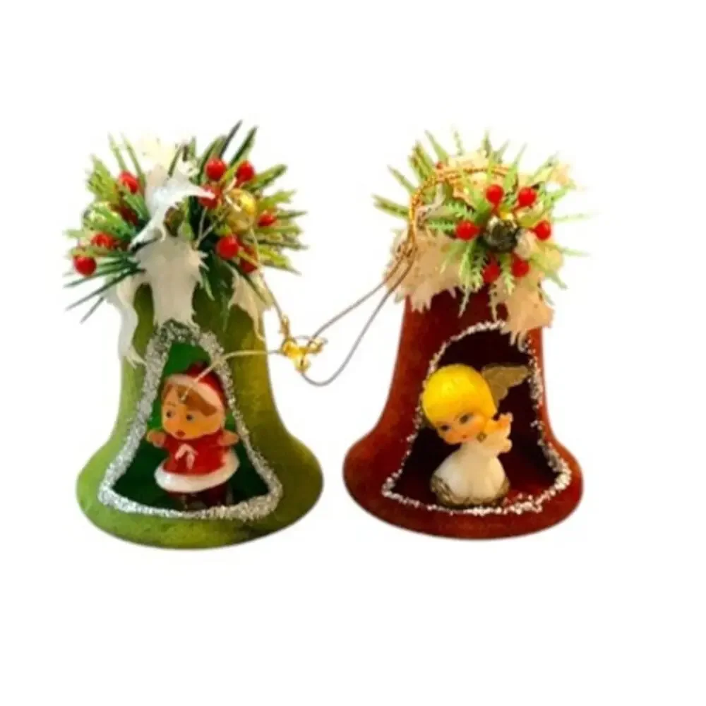 Vintage Hong Kong Flocked Bell Christmas Ornaments Angel Child Diorama Pair 60s